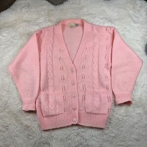 Alicia Pale Pink Button Up Cardigan Vintage Acrylic Cable Knit V-Neck Women's M